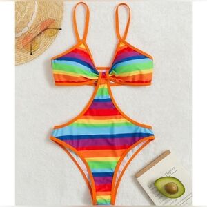 SHEIN Multicolor Striped Swimsuit with Orange Trim